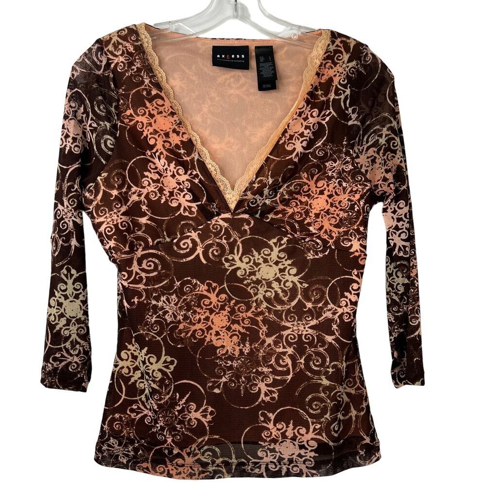 axcess Vintage Top 3/4 Sheer Sleeves Lace Trim V-Neckline Y2K 90's Style Size L